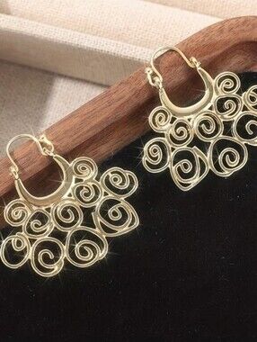 NEW! 14K Gold Plated Swirl Design Dangle Earrings - Elegant Women Jewelry